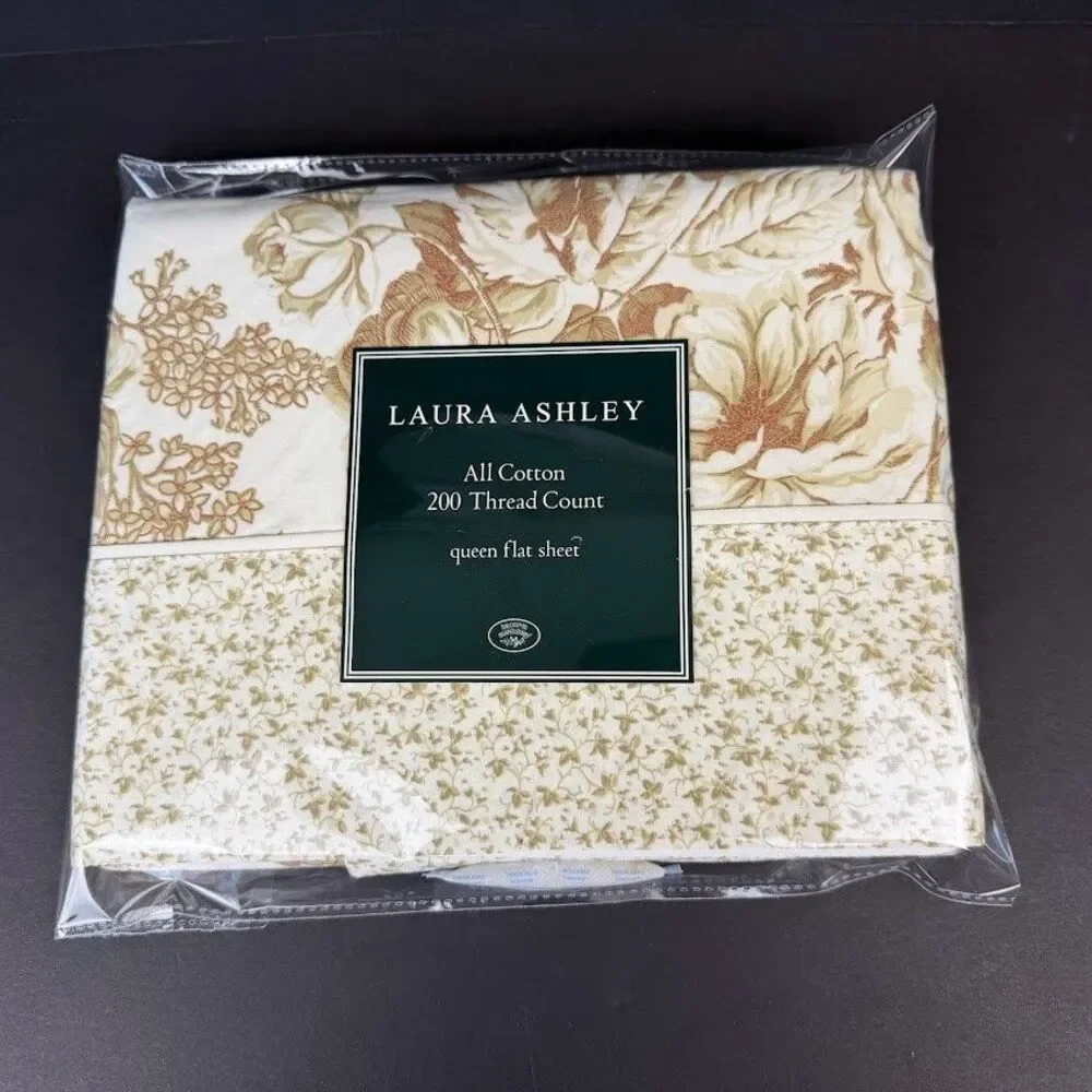 New Laura Ashley Brompton Floral 100% Cotton Flat Sheet, Size Queen, Brown/Green